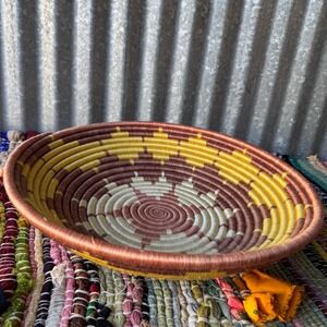 Handcrafted Coiled Woven Basket Bowl Wall Decor Yellow Brown Geometric 16 Inch